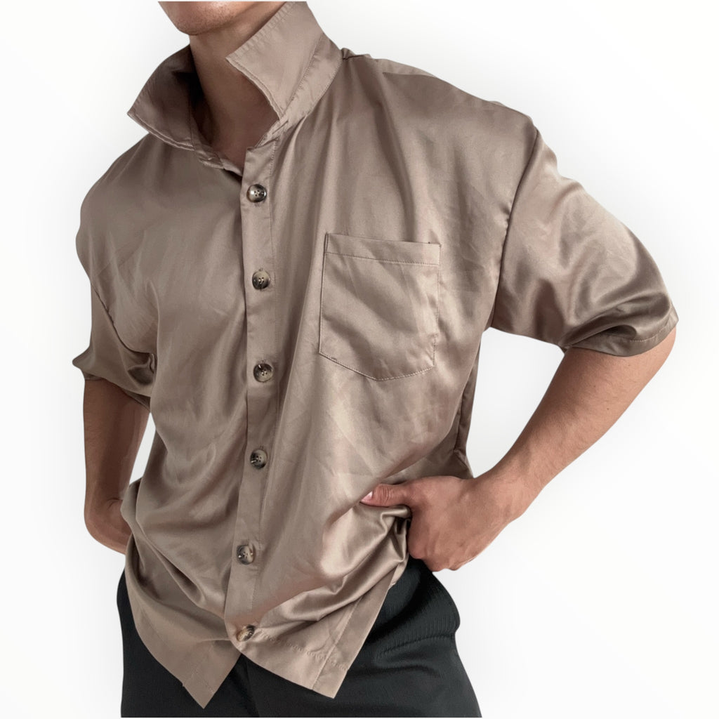 BROWN SILK BUTTON UP